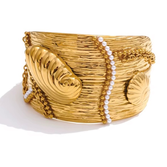 Anthropologie Gold Textured Cuff Bracelet with Pearl Detail - Picture 6 of 16